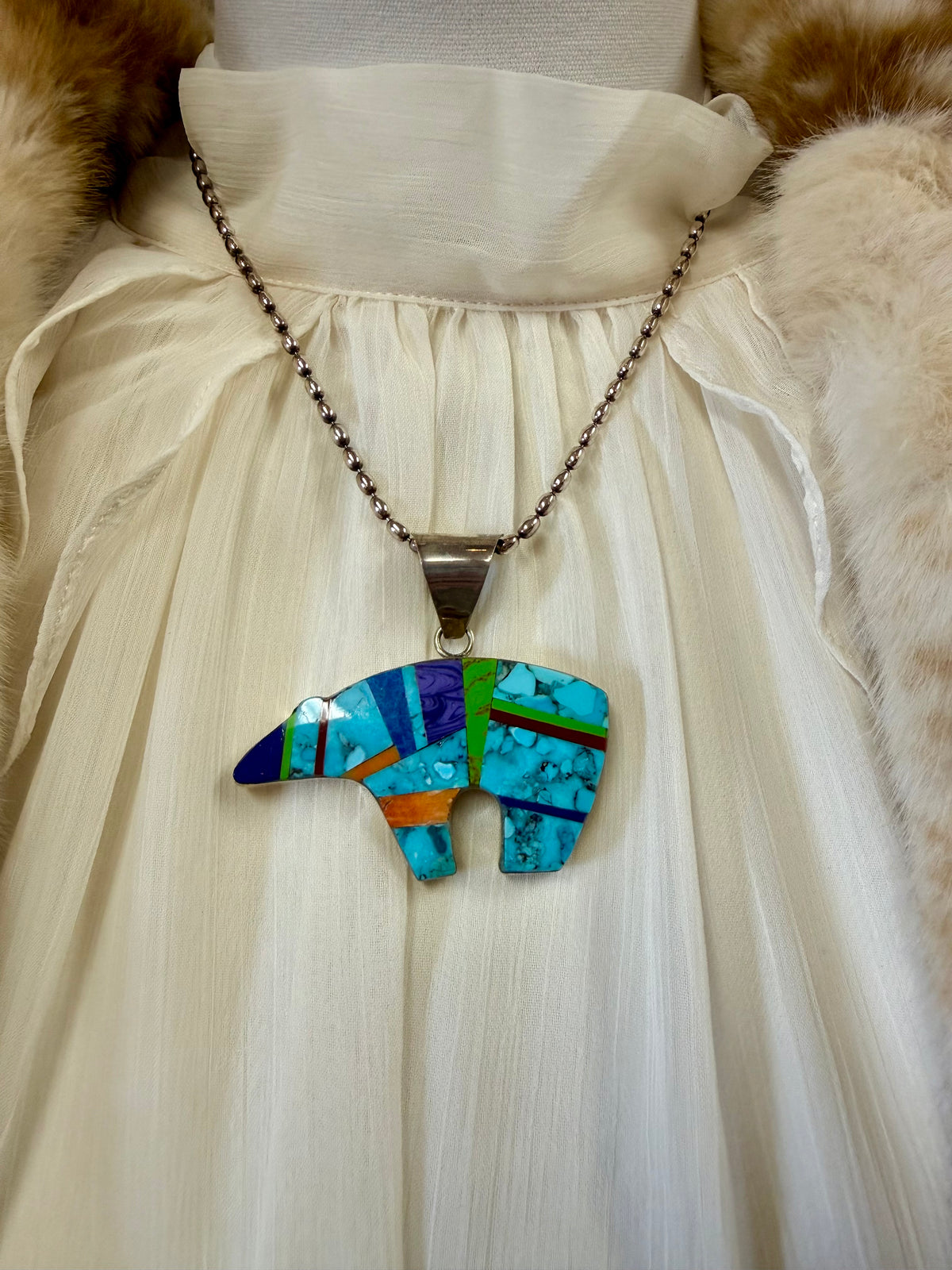 Multi Stone Inlay Bear Pendant Necklace Sterling Silver | Turquoise Lapis Coral Southwestern Fetish Jewelry