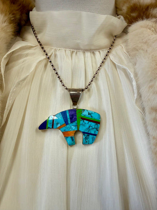 Multi Stone Inlay Bear Pendant Necklace Sterling Silver | Turquoise Lapis Coral Southwestern Fetish Jewelry