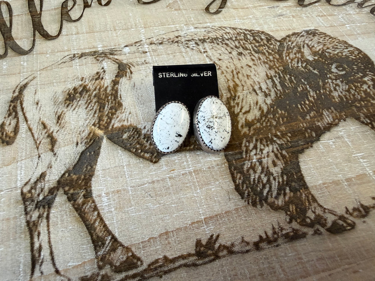 Magnesite Stud Earrings Sterling Silver | White with Black Matrix Oval Posts | Southwestern Handmade Jewelry