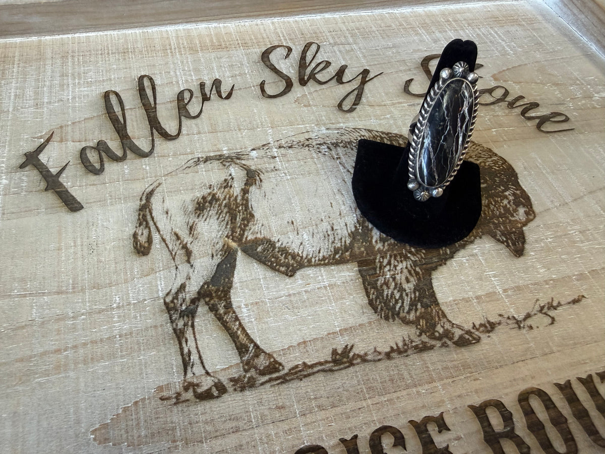 Sterling Silver White Buffalo Ring Size 8, Long Oval Black & White Stone, Rope Twist Bezel, Southwestern Statement Ring