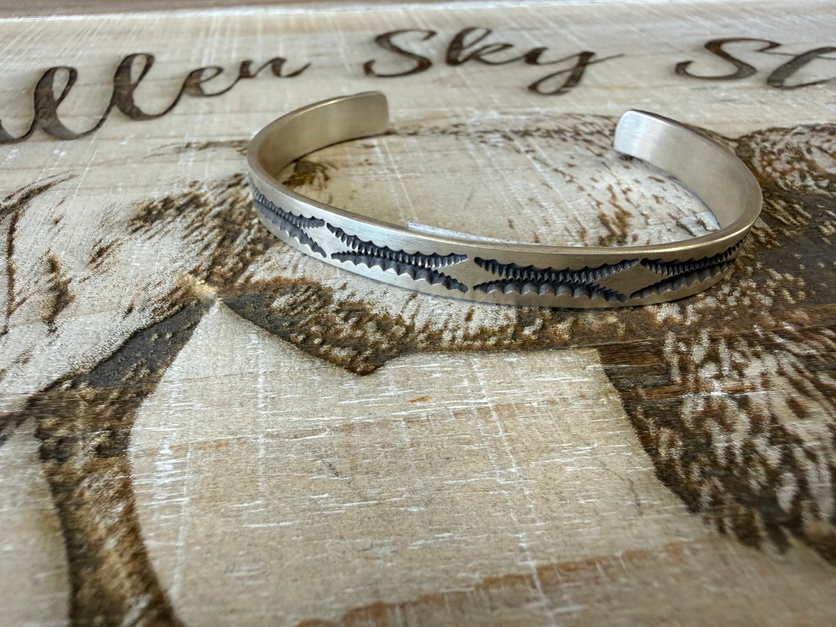 J. Tahe Sterling Silver Stamped Cuff Bracelet, Hand Stamped Southwestern Design, Minimalist Stackable Silver Cuff, Unisex Gift