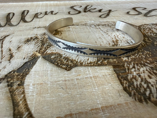 J. Tahe Sterling Silver Stamped Cuff Bracelet, Hand Stamped Southwestern Design, Minimalist Stackable Silver Cuff, Unisex Gift