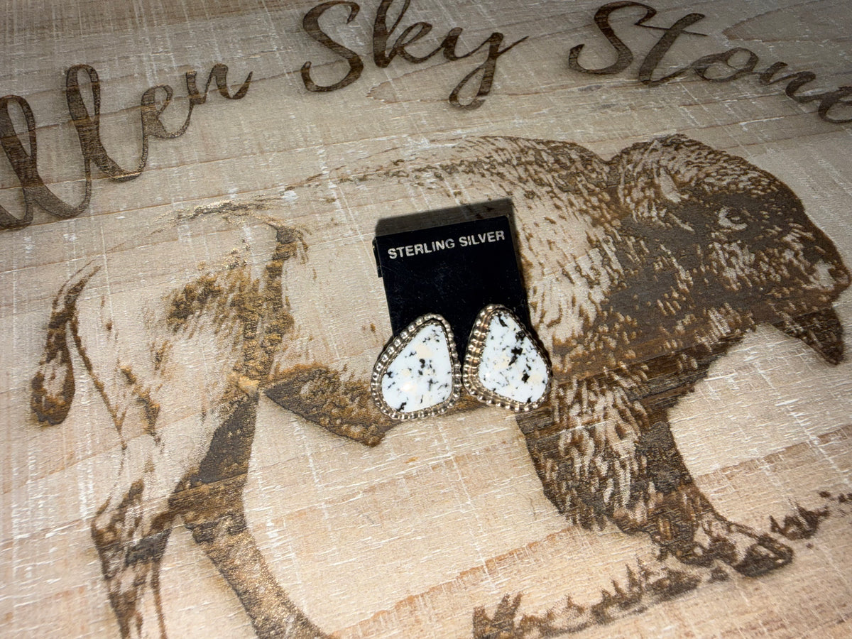 Nevada Magnesite Teardrop Stud Earrings Sterling Silver | White with Black Matrix | Southwestern Handmade Jewelry