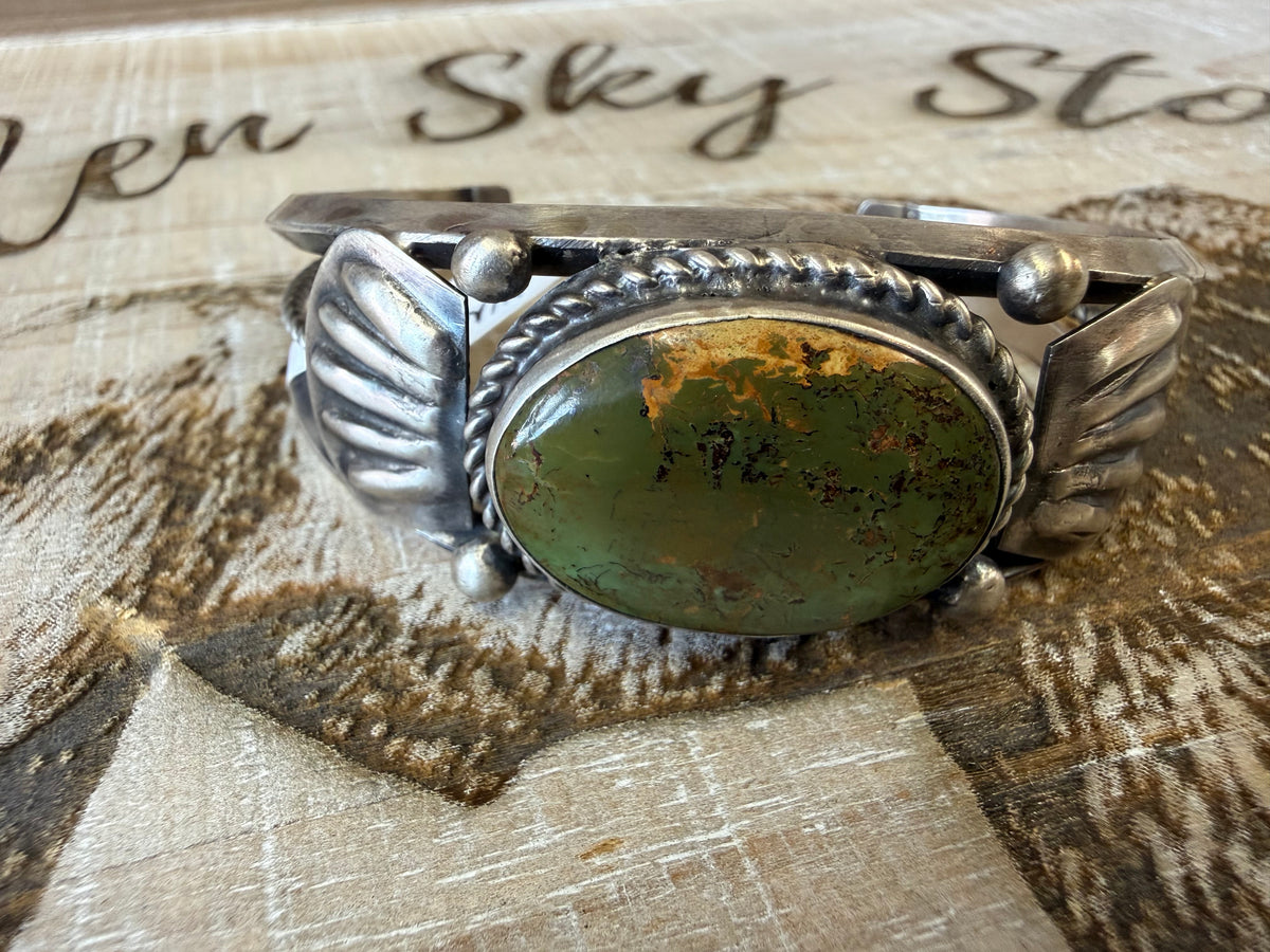 Junior Becay Sterling Silver Green Turquoise Cuff Bracelet, Navajo Style, Feather Side Panels, Rope Twist Bezel, Western Gift