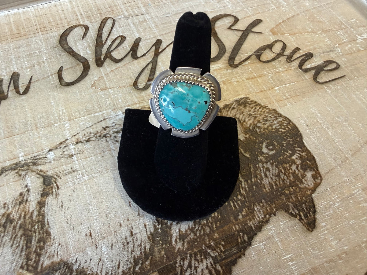 Sterling Silver Turquoise Ring Size 6.5, Large Rope Twist Bezel, Notched Silver Frame, Southwestern Statement Ring, Gift for Her