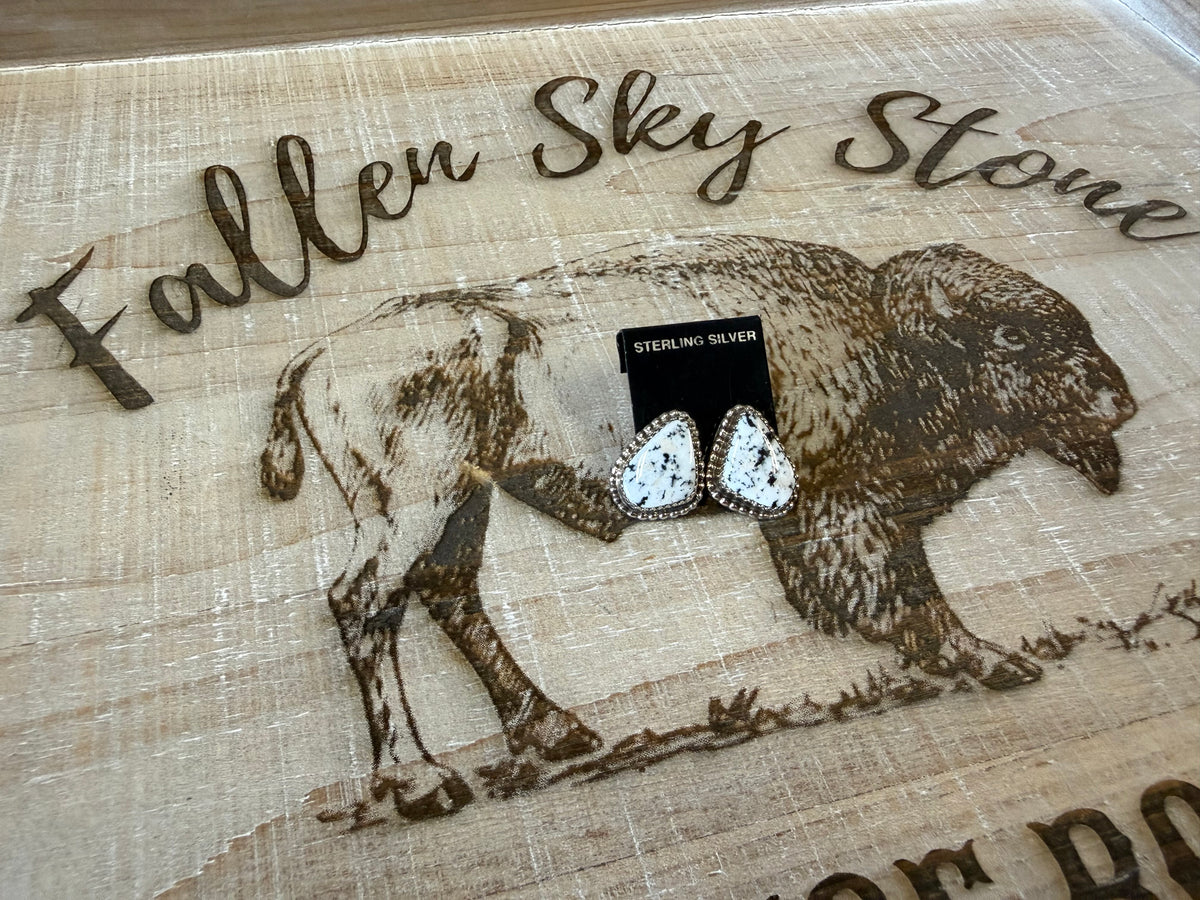 Nevada Magnesite Teardrop Stud Earrings Sterling Silver | White with Black Matrix | Southwestern Handmade Jewelry