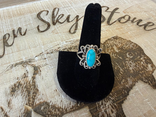 Sterling Silver Turquoise Ring Size 9, Oval Turquoise Stone, Scroll Filigree Frame, Split Shank Southwestern Ring, Gift for Her