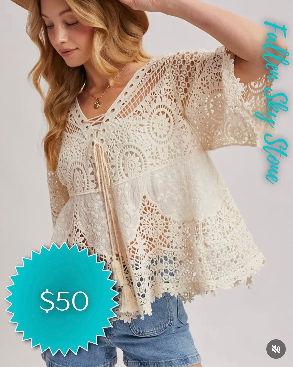 Cream Crochet Lace Boho Top with Lace-Up V-Neck and Tassel Ties