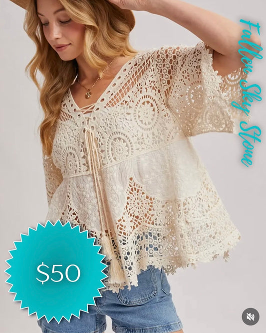 Cream Crochet Lace Boho Top with Lace-Up V-Neck and Tassel Ties