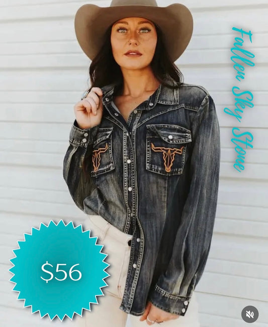 Washed Black Denim Western Snap Shirt with Embroidered Bull Skull Pockets