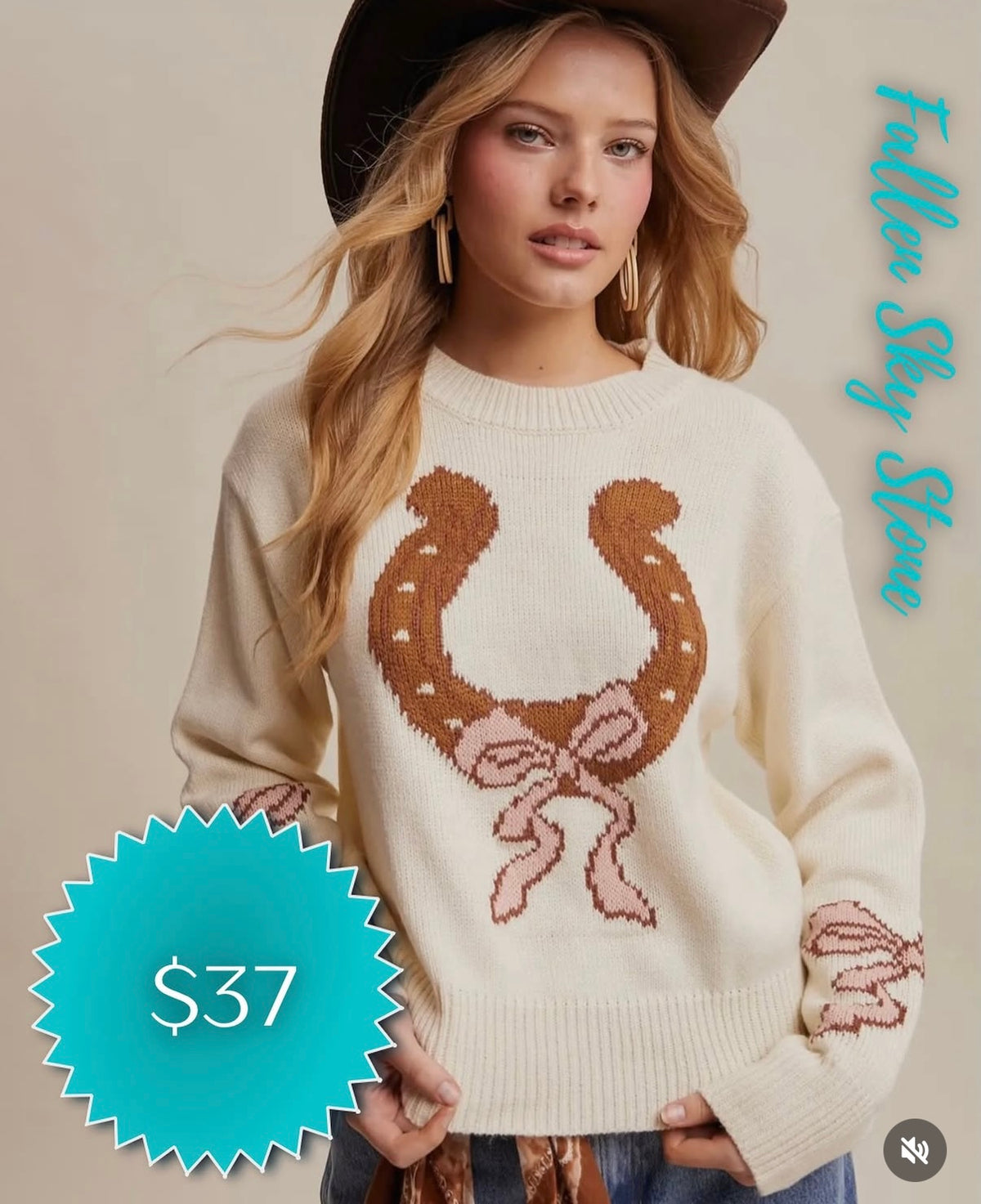 Cream Knit Sweater with Horseshoe and Pink Bow Design