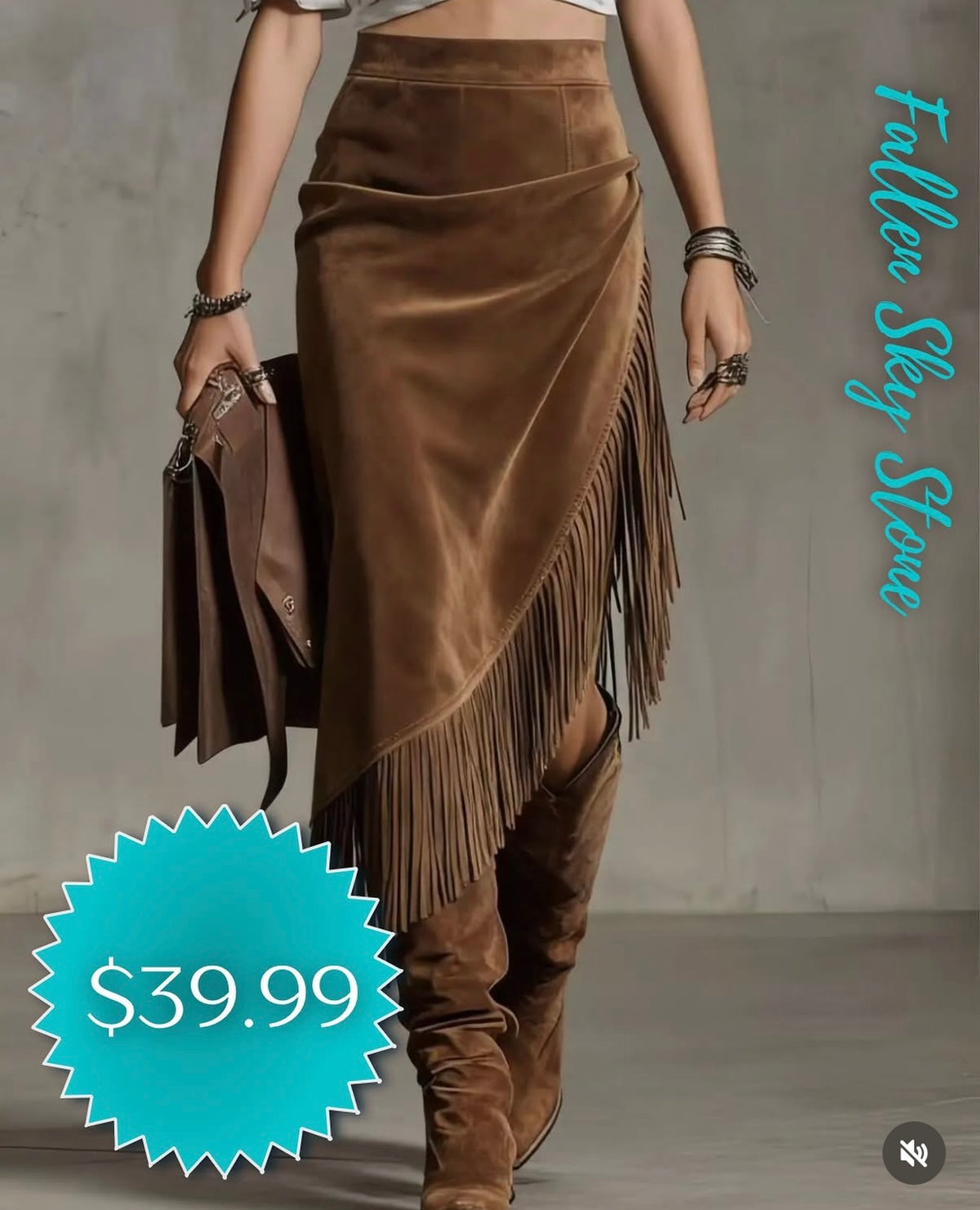 Camel Faux Suede Asymmetrical Wrap-Style Skirt with Fringe Trim