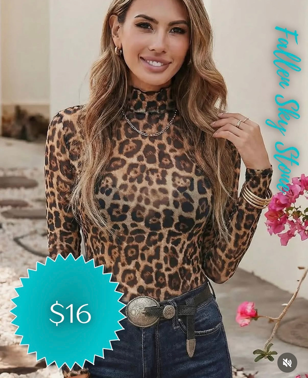 Leopard Print Mesh Mock Neck Long Sleeve Top