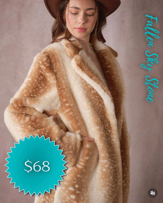 Tan and Cream Faux Fur Fawn-Print Coat with Notched Collar