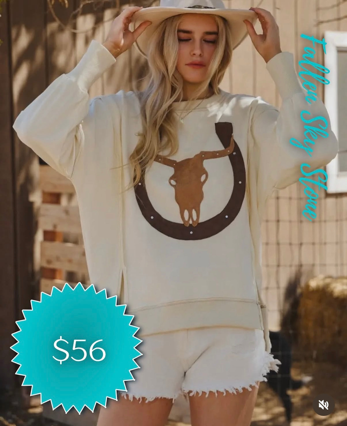 Cream Oversized Sweatshirt with Suede Bull Skull and Horseshoe Patch