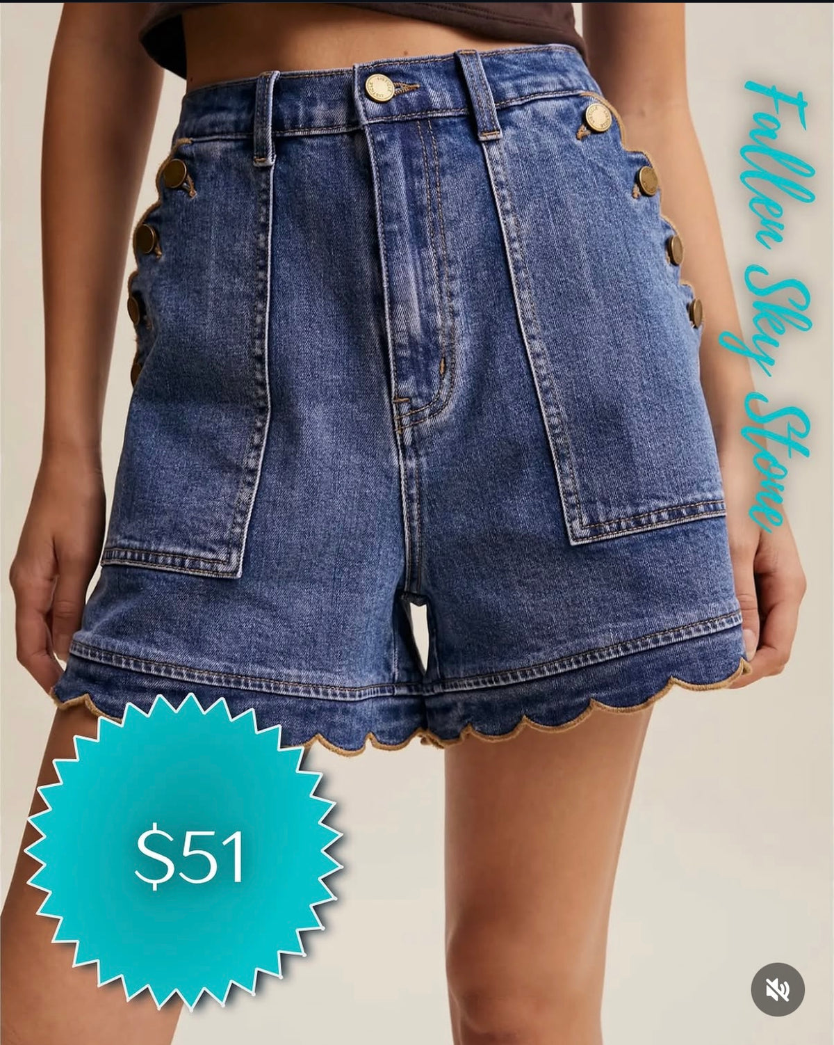 Scalloped Hem Denim Shorts with Side Buttons