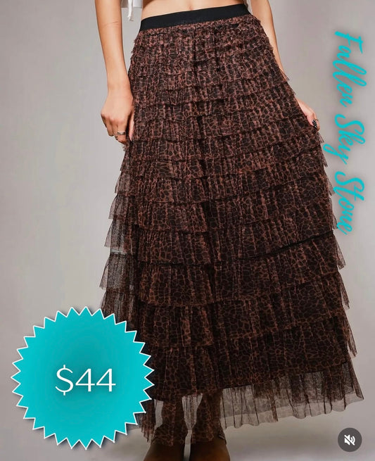 Brown Leopard Print Tiered Tulle Maxi Skirt