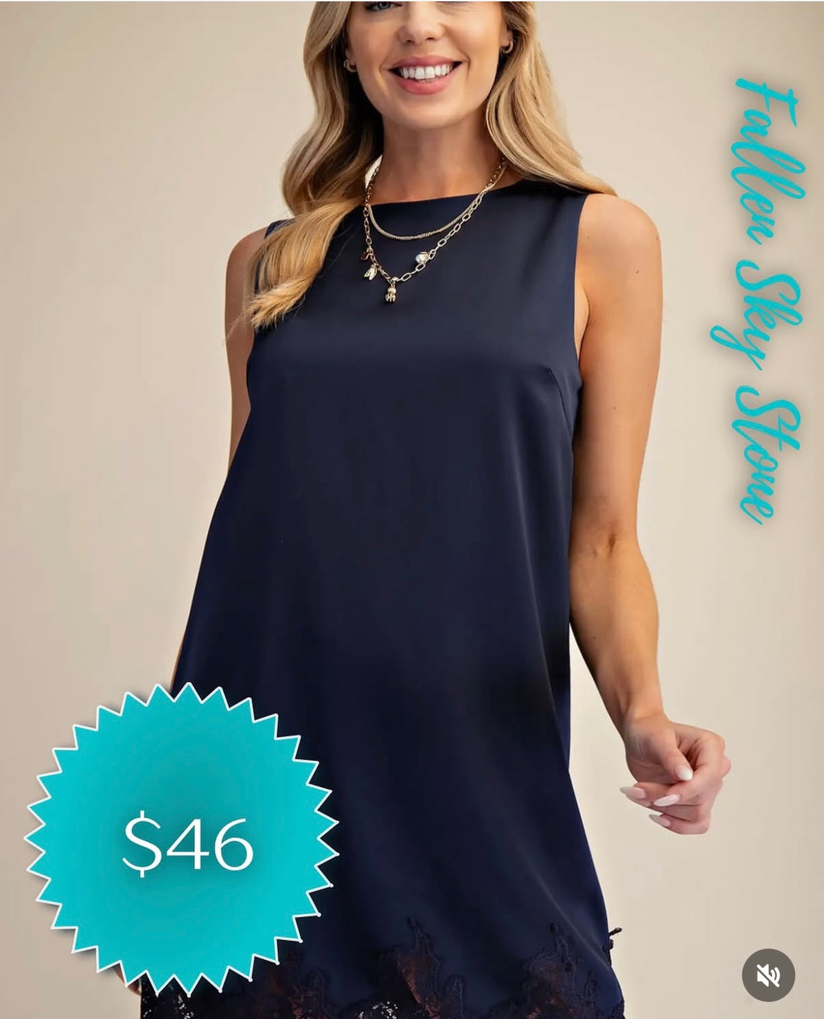 Navy Satin Sleeveless Shift Dress with Lace Hem