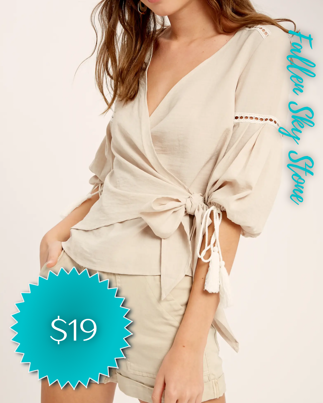 Cream Wrap Front Blouse with Tassel Sleeves