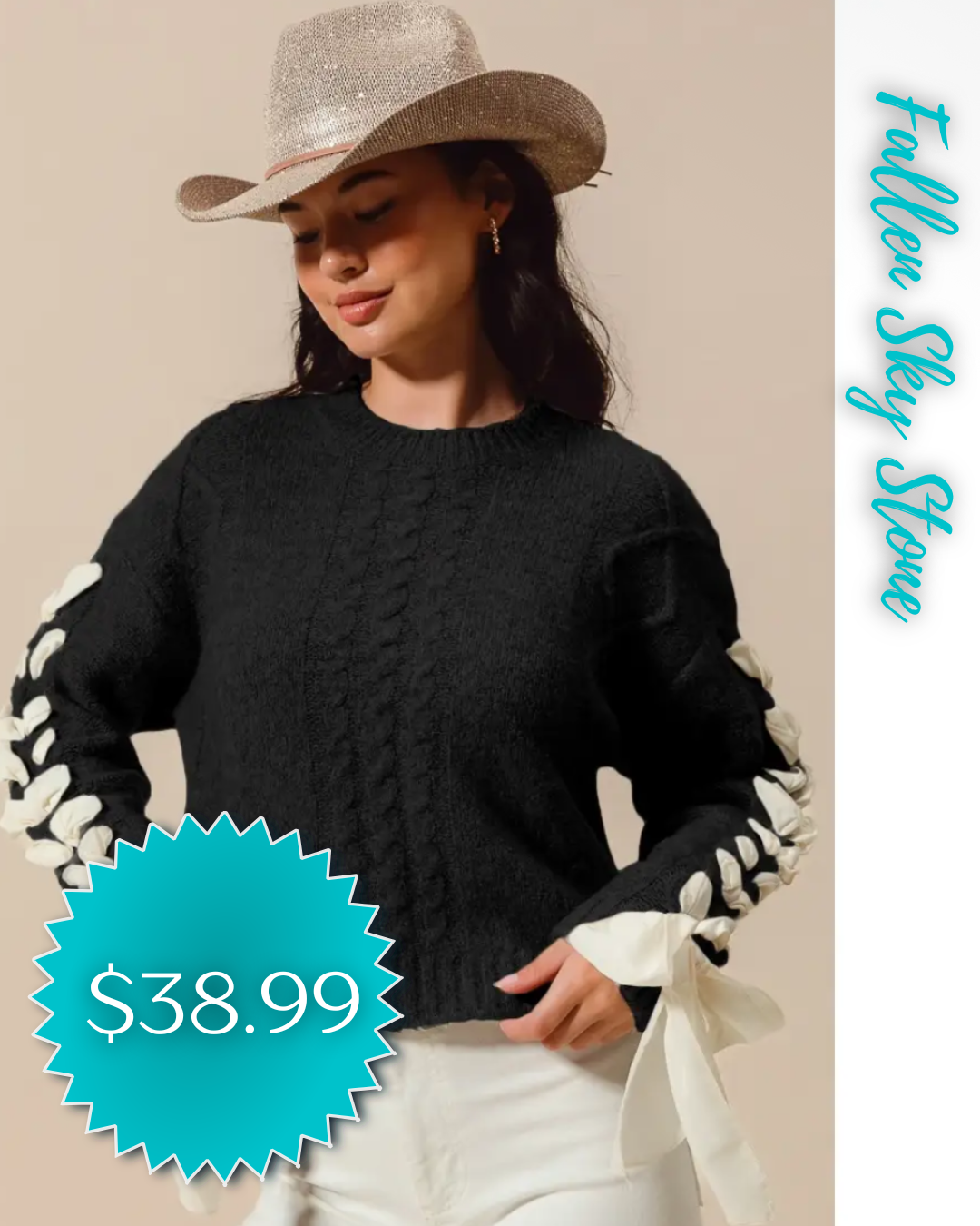 Black Cable-Knit Sweater with Ribbon Sleeves