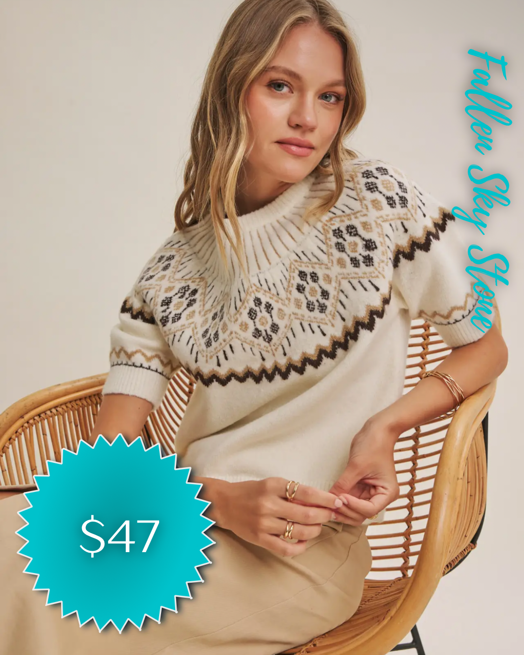 Cream Fair Isle Short Sleeve Sweater