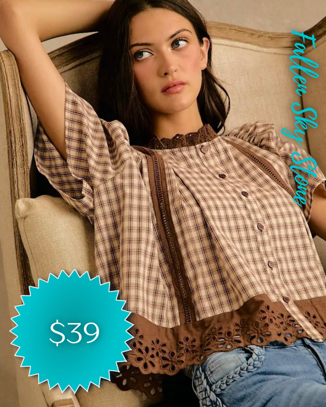 Plaid Puff Sleeve Top with Eyelet Trim