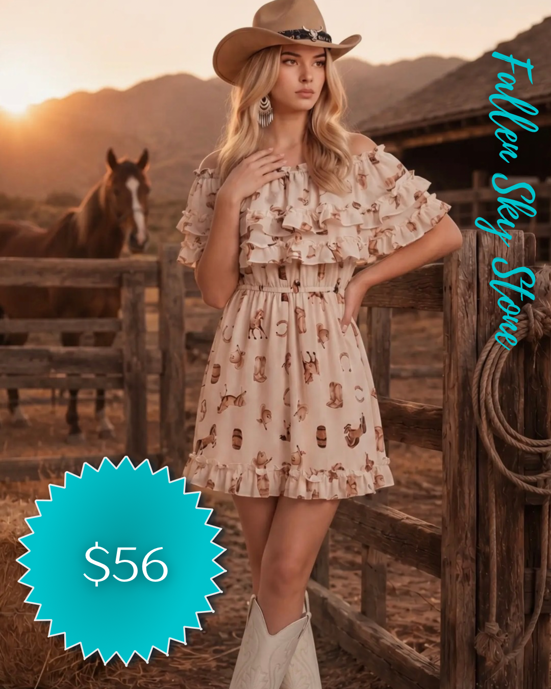 Western Print Ruffle Mini Dress
