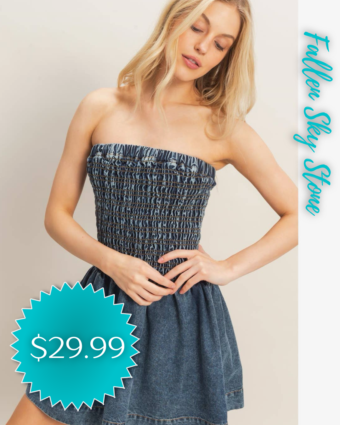 Denim Smocked Strapless Mini Dress