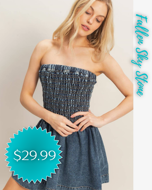 Denim Smocked Strapless Mini Dress