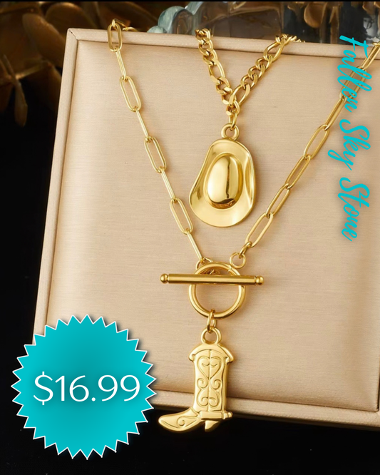 Gold Western Hat & Boot Necklace Set