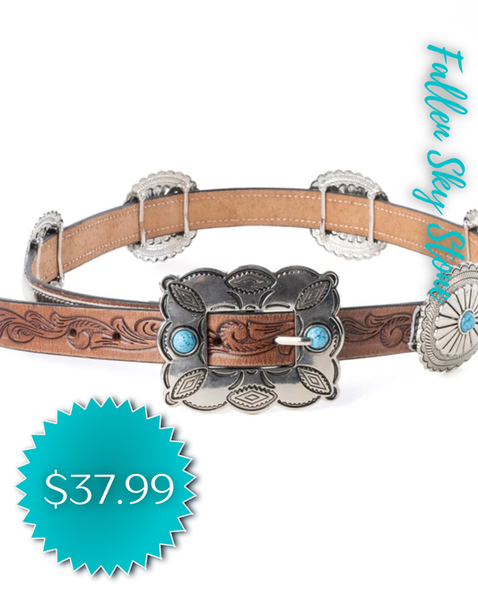Myra Tooled Leather Belt with Turquoise Conchos