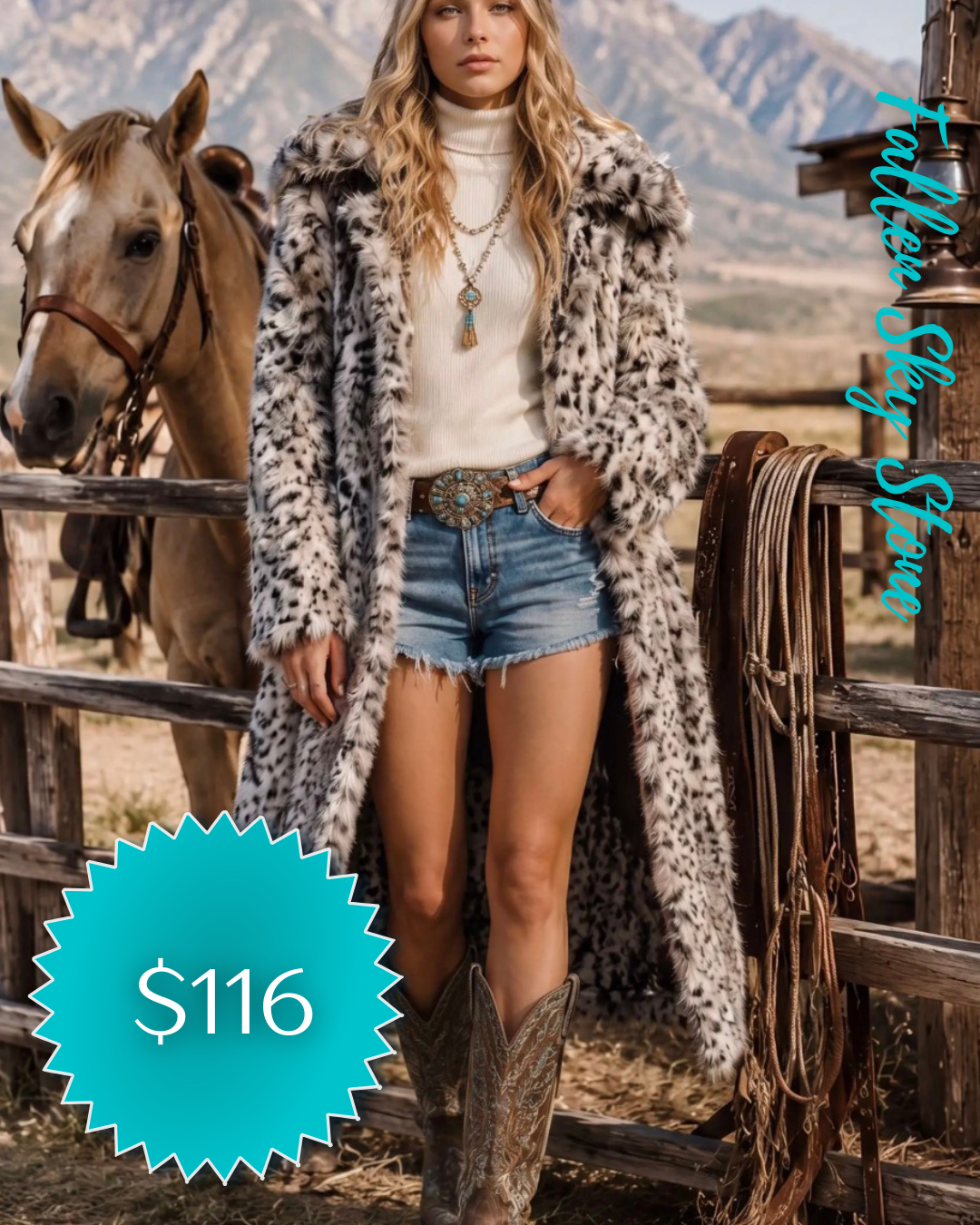 Snow Leopard Faux-Fur Western Duster Coat