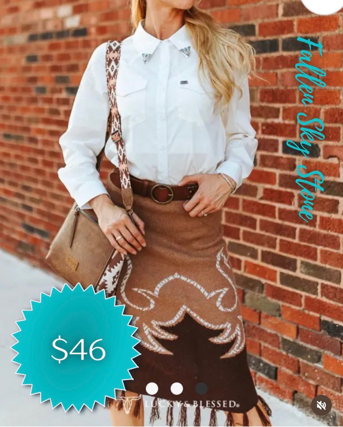 Brown Knit Midi Skirt with Western Boot-Stitch Design and Fringe Hem