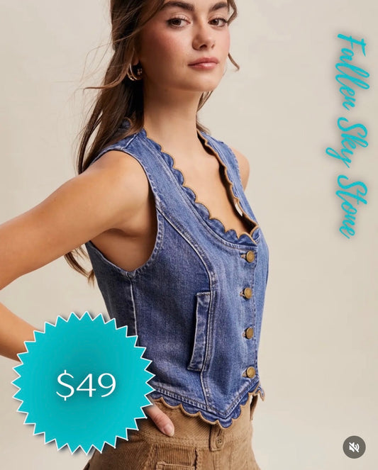 Medium Wash Denim Vest with Scalloped Trim and Brass Buttons