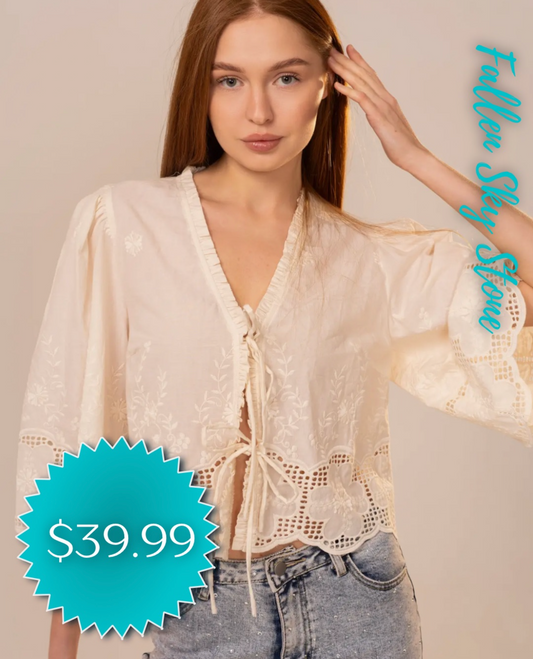 Cream Embroidered Eyelet Tie-Front Top with Ruffle Trim and Bell Sleeves