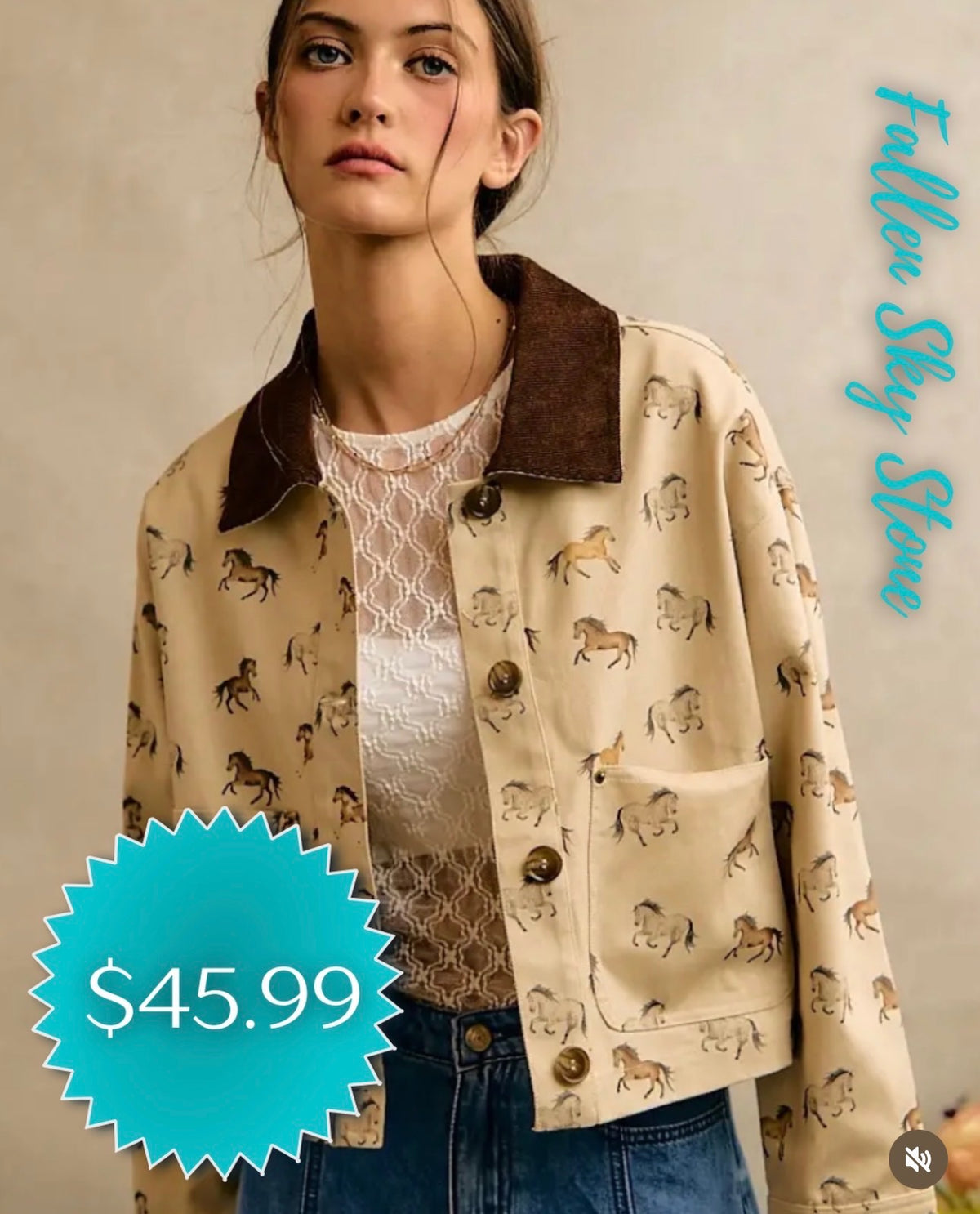 Tan Cropped Chore Jacket with Horse Print and Brown Corduroy Collar