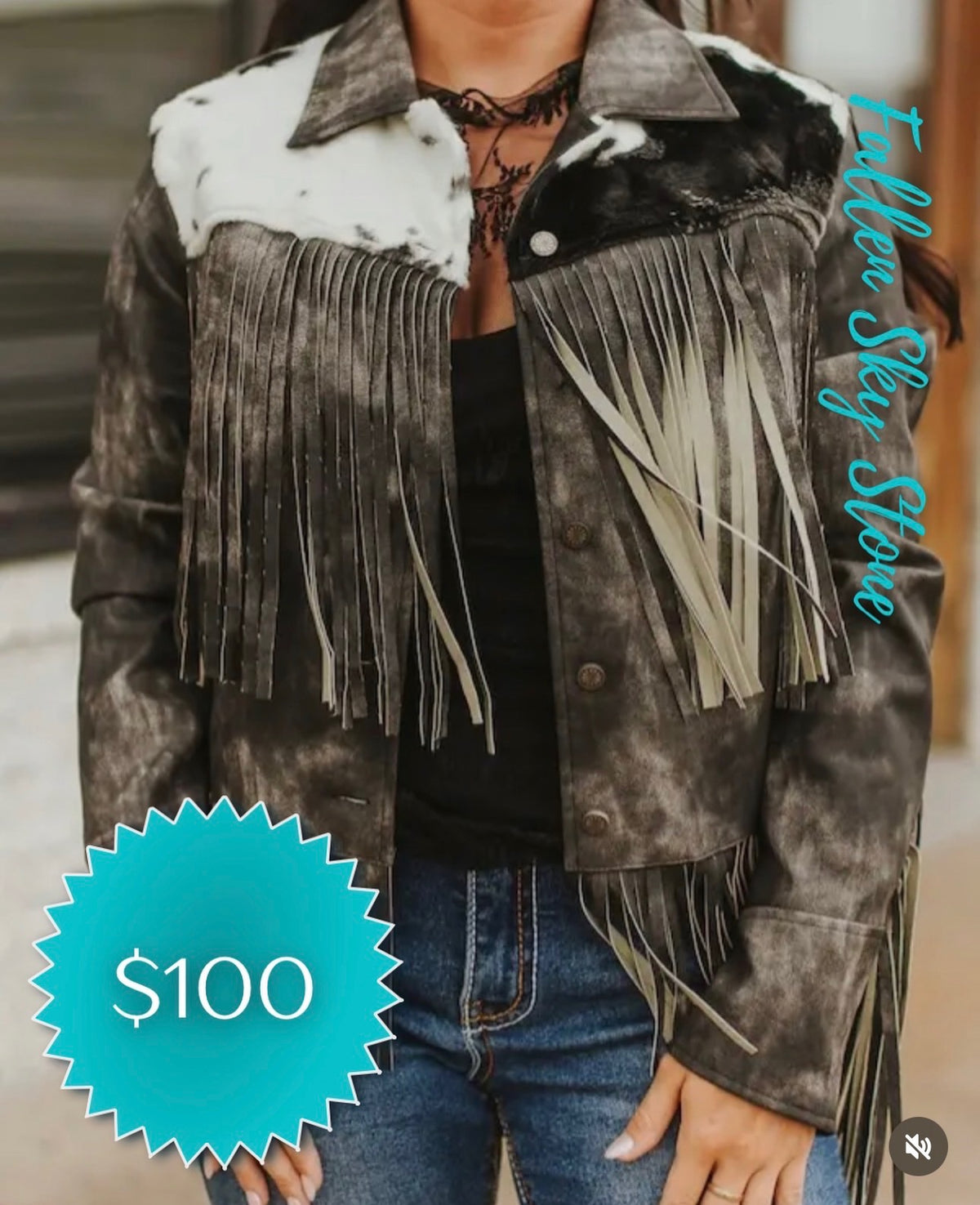Distressed Charcoal Faux Leather Fringe Jacket with Cowhide-Print Yoke