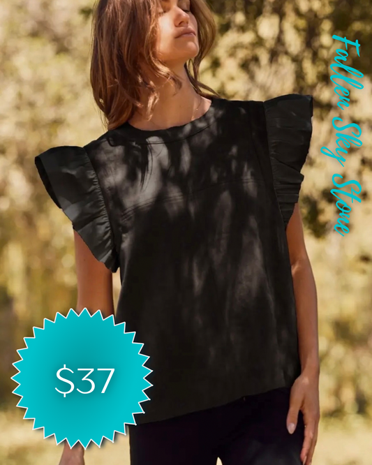 Black Ruffle Flutter Sleeve Top with Crew Neckline
