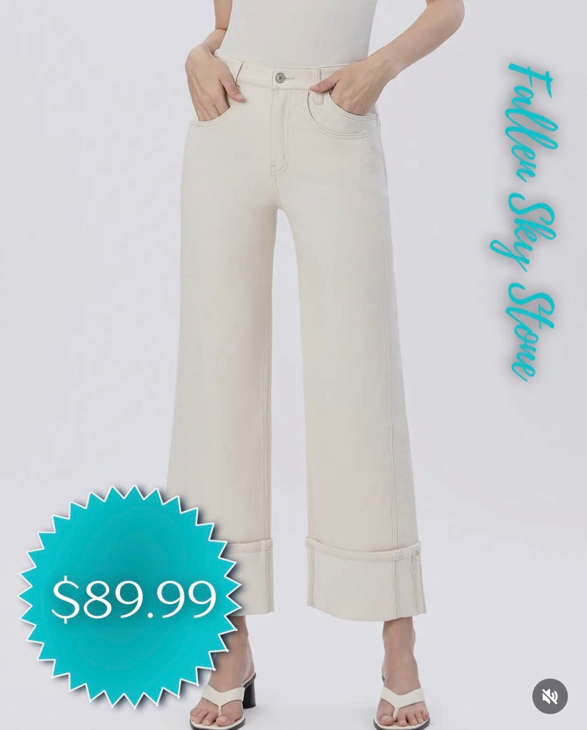 Veveret by Flying Monkey Cream High-Rise Wide Leg Cropped Jeans with Wide Cuffed Hem
