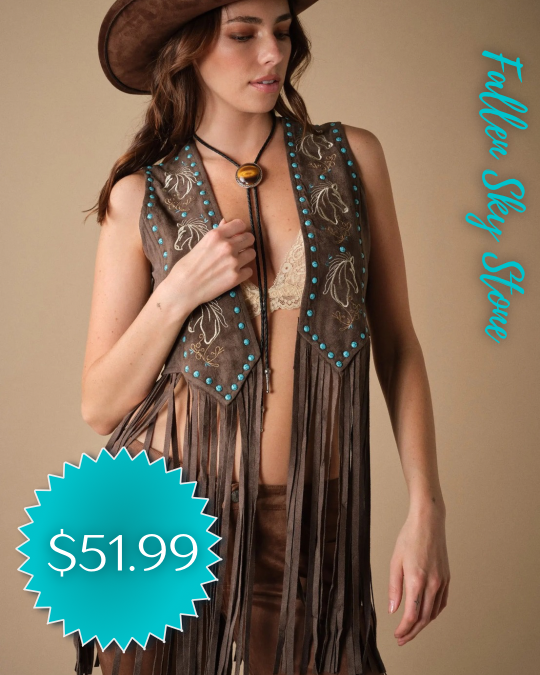Brown Faux Suede Fringe Vest with Embroidered Horses and Turquoise Studs