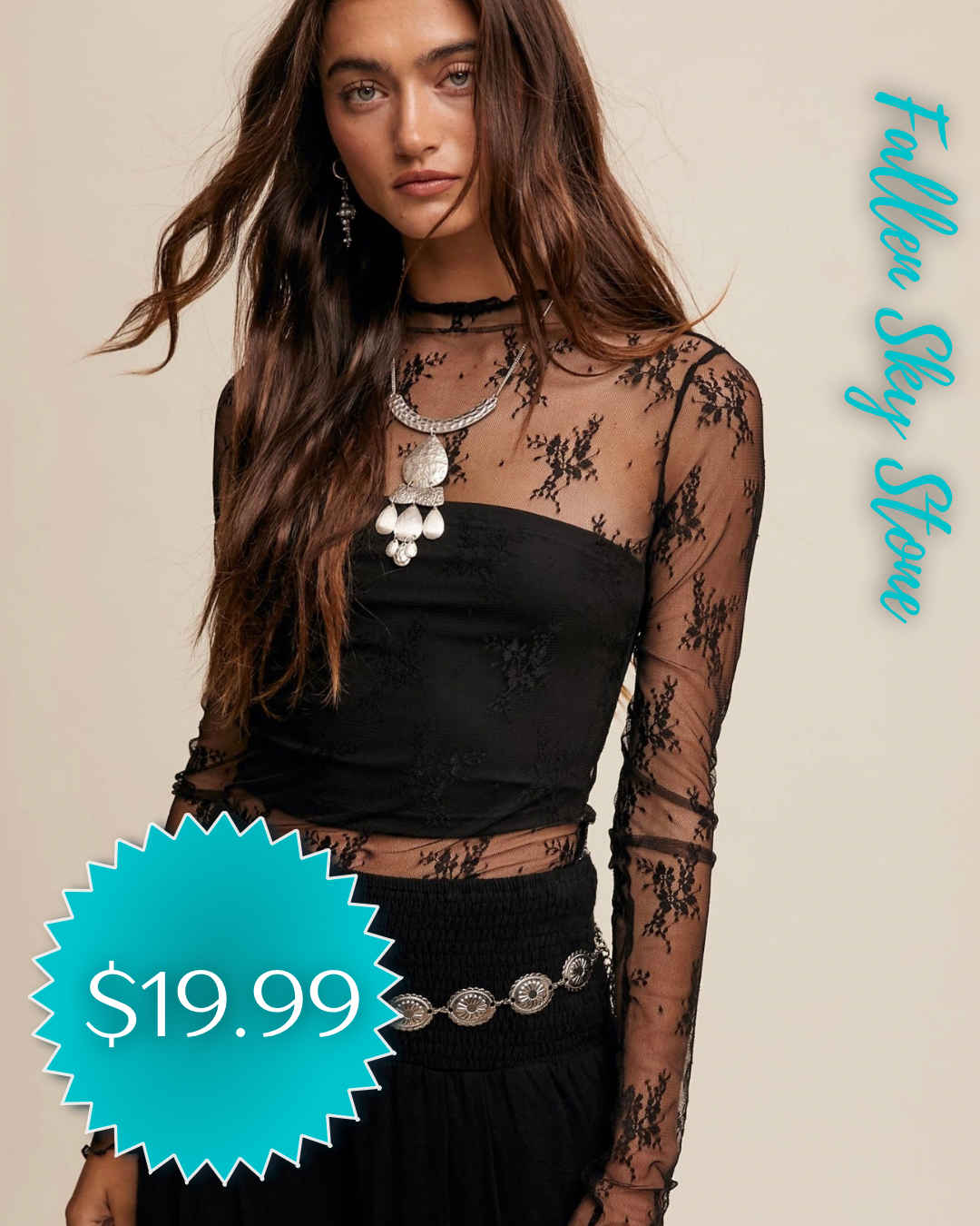 Black Sheer Floral Lace Mock Neck Long Sleeve Top