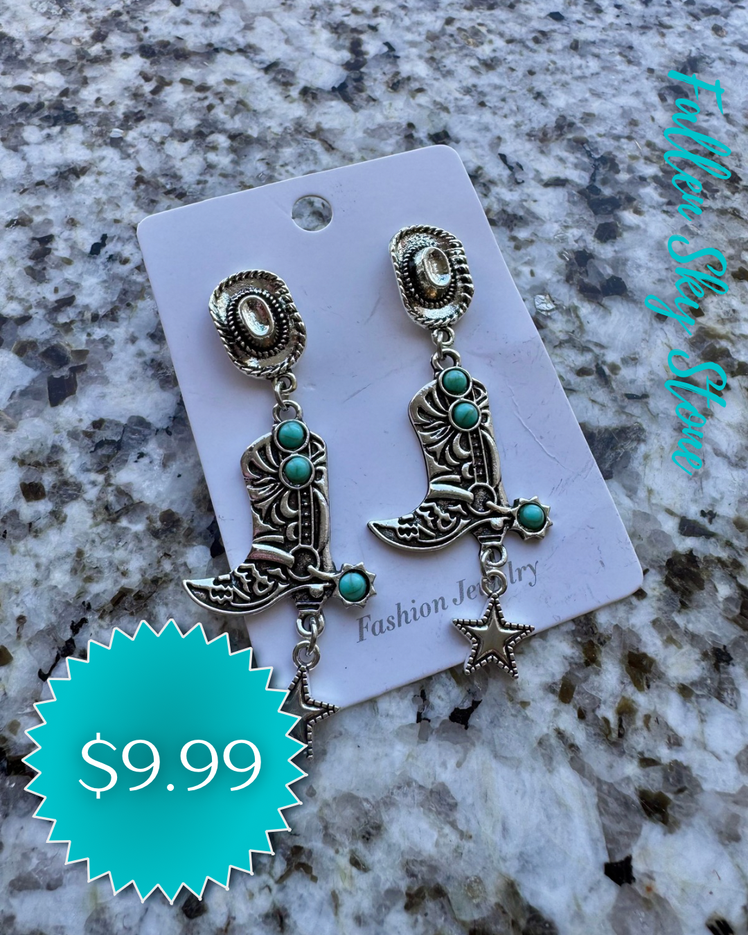 Cowboy Hat & Boot Dangle Earrings | Silver Tone with Turquoise Accents | Western Fashion Jewelry
