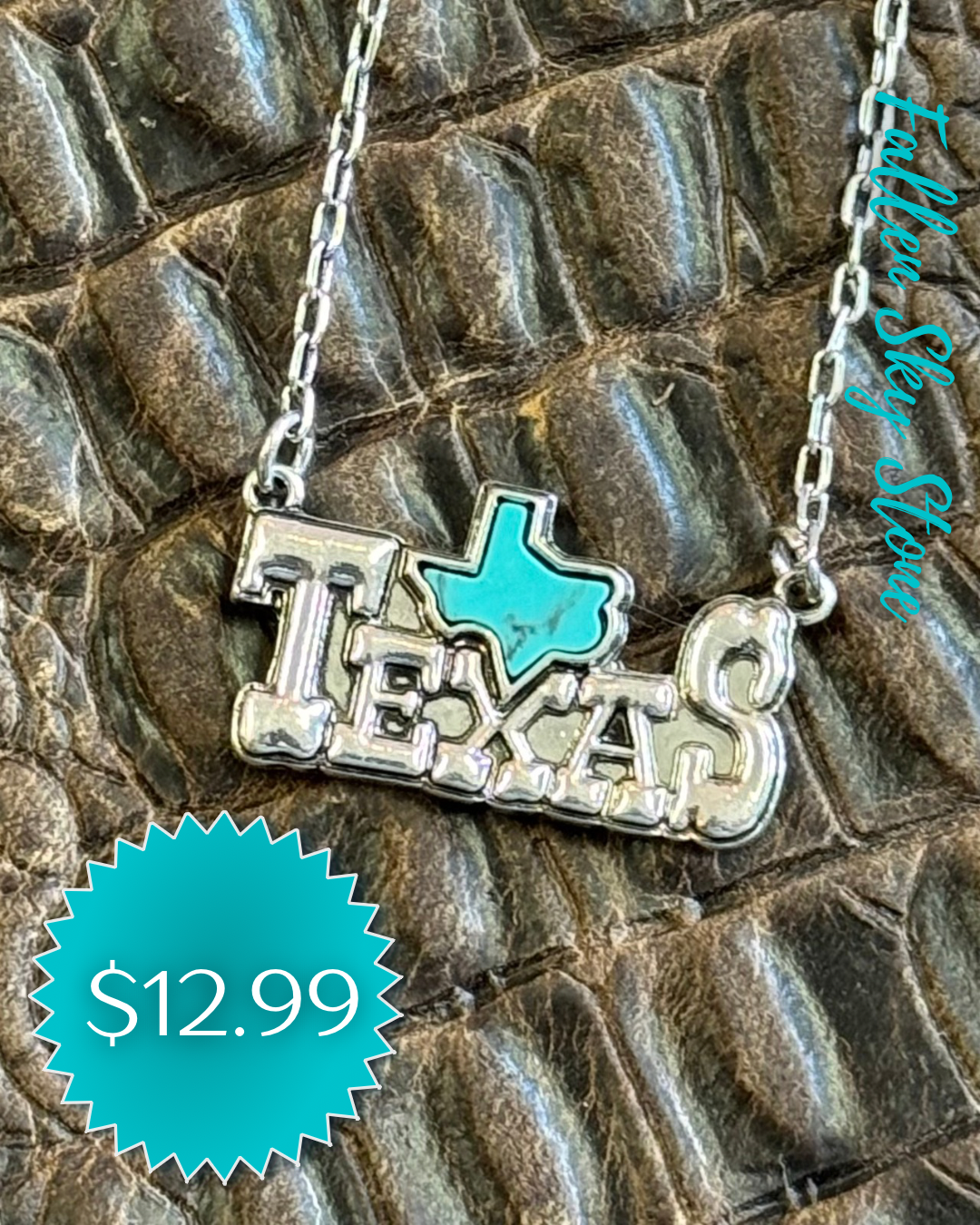 Texas Nameplate Necklace with Turquoise State Charm | Silver Tone Fashion Jewelry | Western Texas Pendant