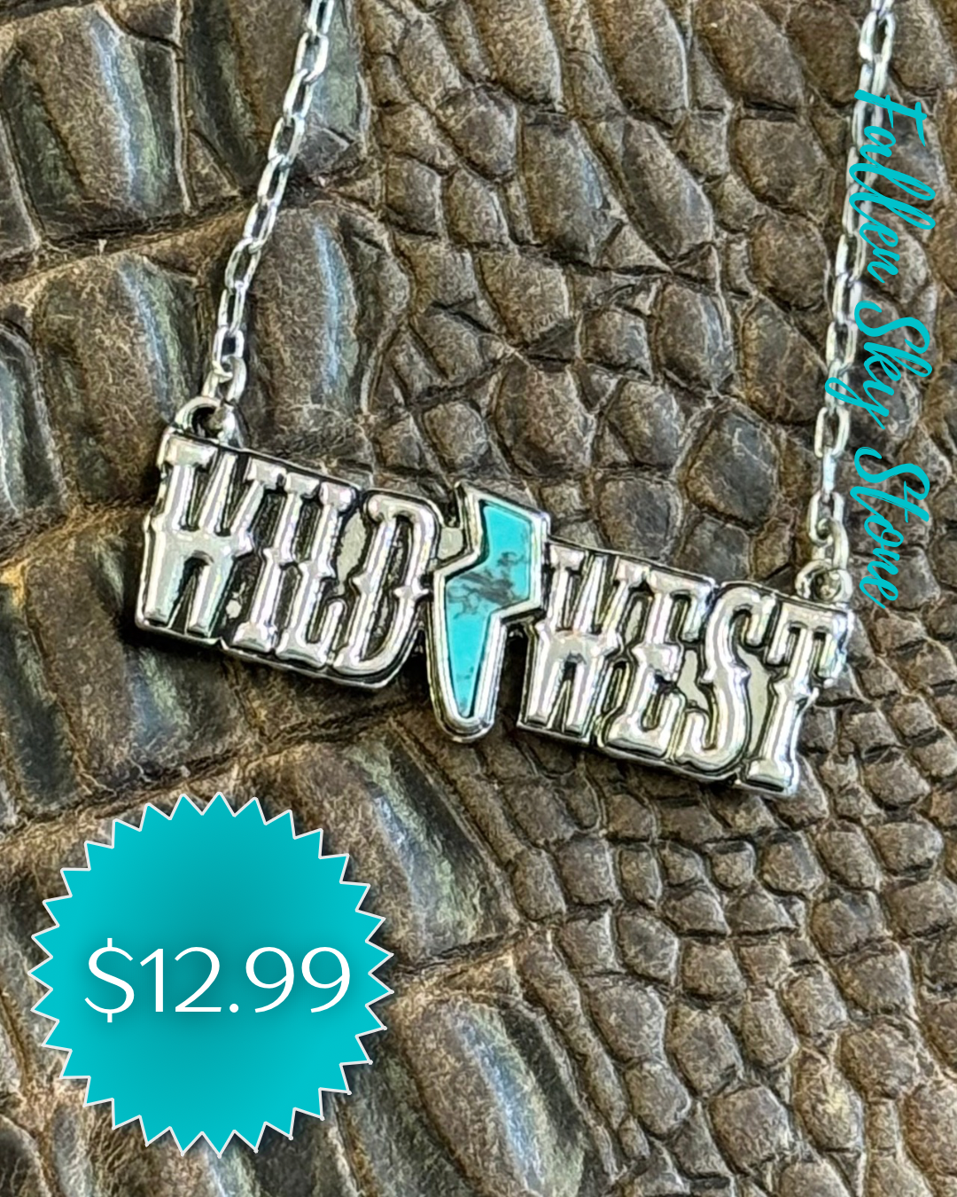 Wild West Nameplate Necklace with Turquoise Accent | Silver Tone Fashion Jewelry | Western Pendant