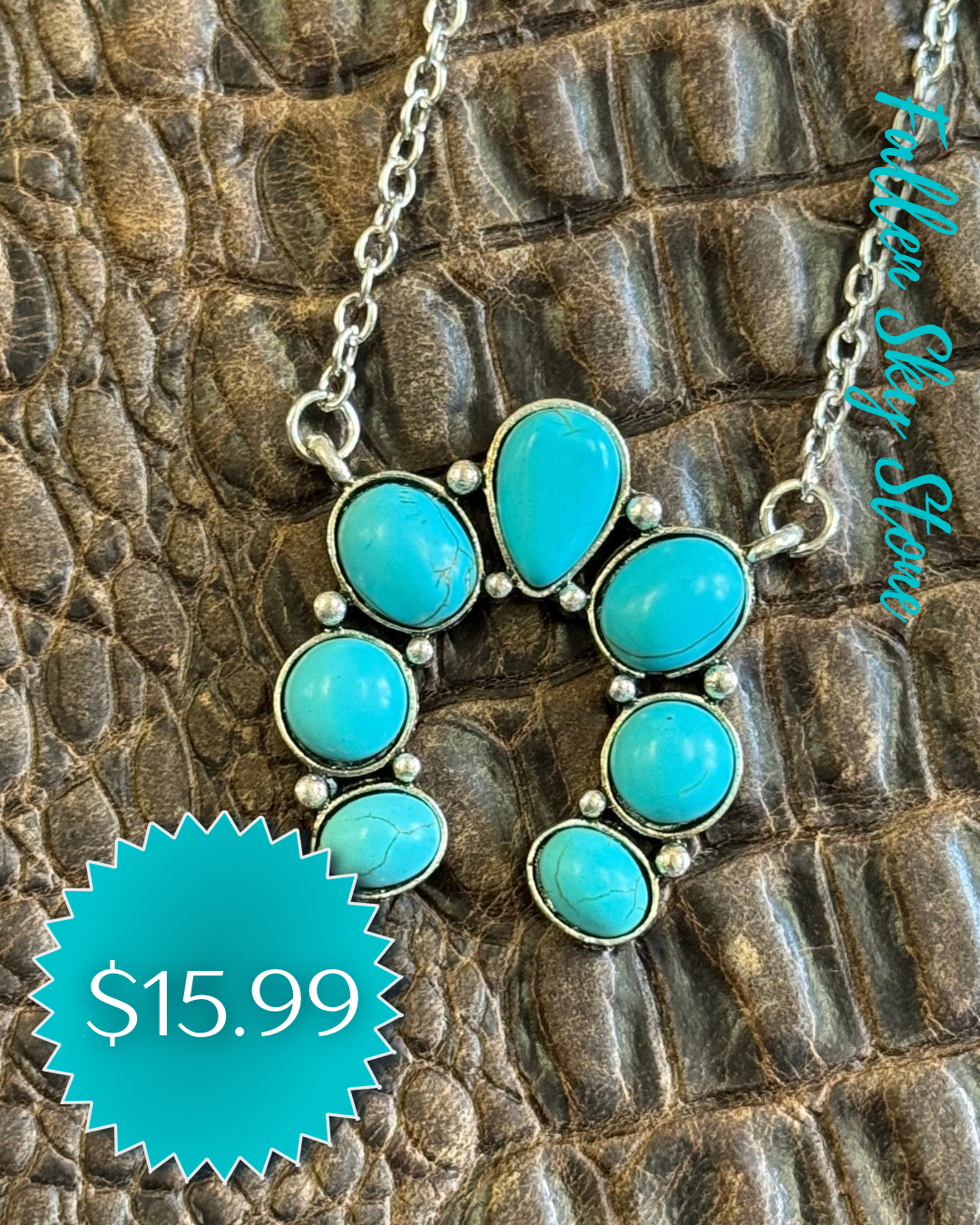 Turquoise Horseshoe Pendant Necklace | Silver Tone Fashion Jewelry | Western Lucky Horseshoe Charm