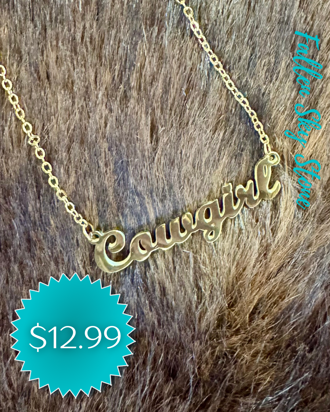 Cowgirl Nameplate Necklace | Gold Tone Fashion Jewelry | Western Cowgirl Pendant