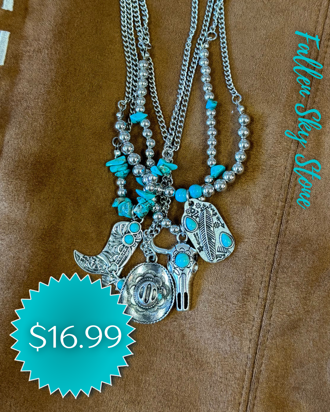 Western Multi Strand Charm Necklace | Turquoise & Silver Tone | Cowboy Boot Hat Longhorn Feather