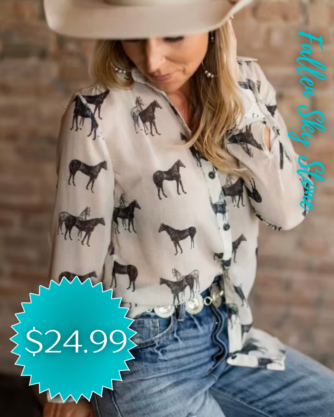 Wild Horse Print Western Button-Up Blouse